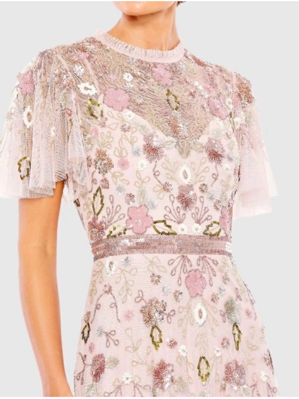 Mac Duggal Blush Pink Embellished floral dress high neck Butterfly Sleeve
